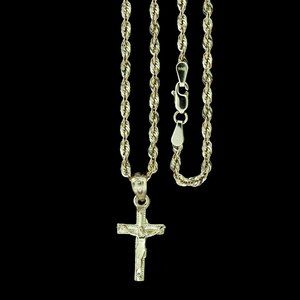 10K Real Gold Rope Chain and Cross Pendant Set